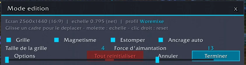 Fenêtre Mode édition : résolution détectée, profil, options grille, magnétisme, estomper, ancrage auto.
