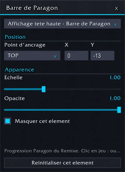 Panneau Barre de Paragon : point d'ancrage, position X et Y, échelle, opacité, masquer l'élément.