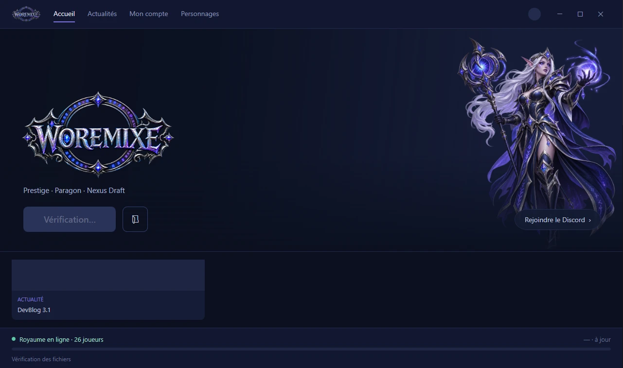 Le launcher Woremixe : accueil avec logo, bouton de lancement, actualités, lien Discord et barre d'état du royaume.